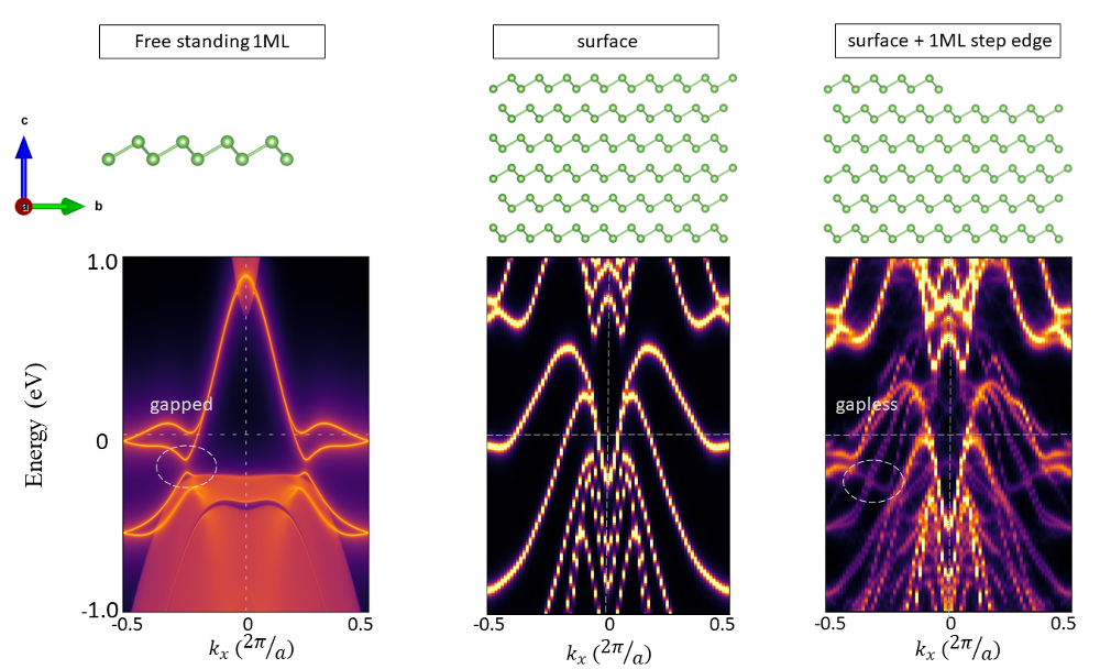 We have demonstrated the hybridization between the gapped edge state and the gapless surface state. In the first (left) column, the free-standing monolayer exhibits a gapped edge state. The second (middle) column demonstrates that the clean surface of gray arsenic (As) features a gapless Rashba surface state near the Fermi level. In the third (right) column, with the introduction of monolayer step edges, the edge state undergoes hybridization with the gapless surface states, resulting in the emergence of gapless edge states at the step edges.